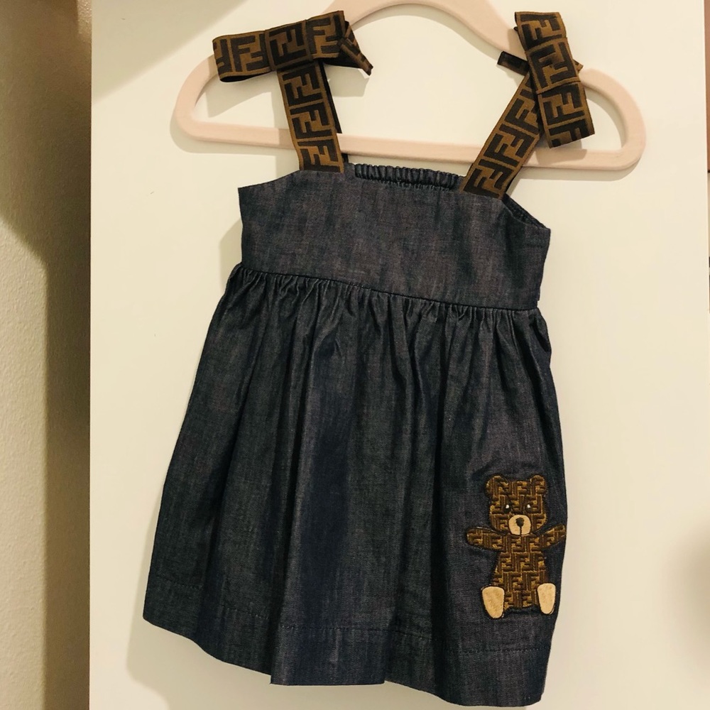 BABIES' BLUE DENIM DRESS WITH TEDDY BEAR